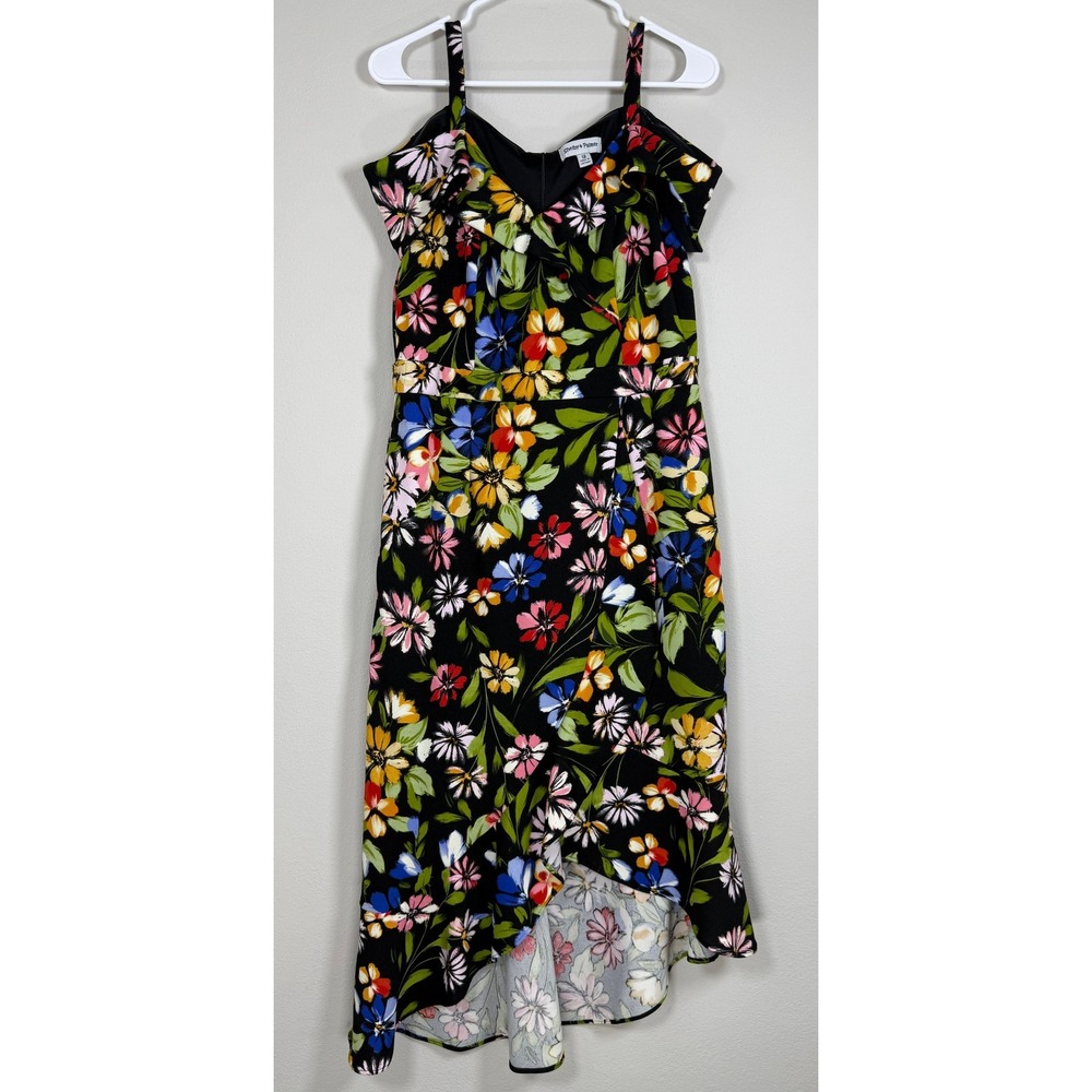 High Low Dress Womens 12 Floral V-Neck Black Multi Tropical Vacation Cruise - Picture 2 of 9